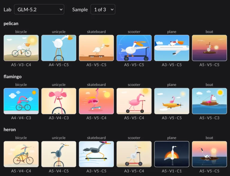 Screenshot of a grid for sample 1/3 of GLM-5.2, with pelicn and flamingo and heron riding bicycle, unicycle, skateboard, scooter, plane and boat