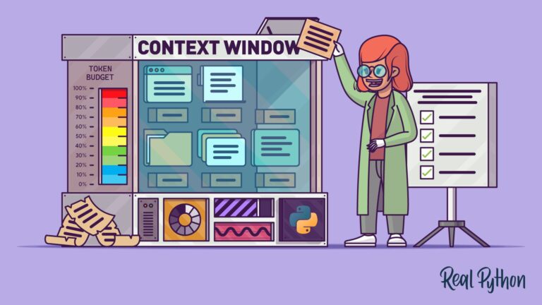 A person in a green coat drops a document into a cabinet labeled CONTEXT WINDOW, beside a token-budget gauge, a Python logo, and a checklist on a tripod.