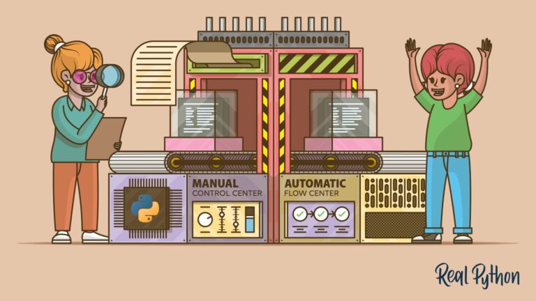 Two people operating a factory machine with conveyor belts and panels labeled Manual Control Center and Automatic Flow Center, with a Python logo on a chip.