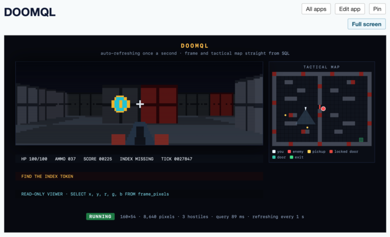 Screenshot of a dark-themed web app running a retro Doom-style game rendered from SQL queries. The page header reads "DOOMQL" with buttons "All apps", "Edit app", "Pin", and "Full screen". Inside the game panel, the title "DOOMQL" sits above the subtitle "auto-refreshing once a second · frame and tactical map straight from SQL". The left side shows a pixelated first-person corridor view with gray walls, dark red doors, a floating cyan-and-gold coin pickup, a white crosshair, and a weapon barrel at bottom center. A status bar below reads "HP 100/100 AMMO 037 SCORE 00225 INDEX MISSING TICK 0027847". On the right, a panel titled "TACTICAL MAP" shows a top-down grid map with a player triangle, a red enemy circle, yellow pickup dots, red wall markers, and a green exit square, with a legend reading "you", "enemy", "pickup", "locked door", "door", "exit". Below the game view, an orange banner reads "FIND THE INDEX TOKEN", followed by the cyan line "READ-ONLY VIEWER · SELECT x, y, r, g, b FROM frame_pixels". At the bottom, a green "RUNNING" badge appears beside the stats "160×54 · 8,640 pixels · 3 hostiles · query 89 ms · refreshing every 1 s".