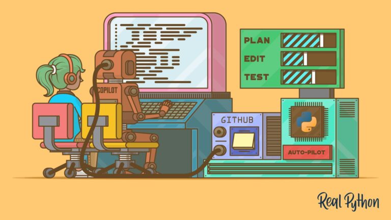 A person with headphones sits beside a robot labeled Copilot typing at a retro computer, with panels reading PLAN, EDIT, TEST, a GitHub console, and a Python logo chip labeled Auto-Pilot.