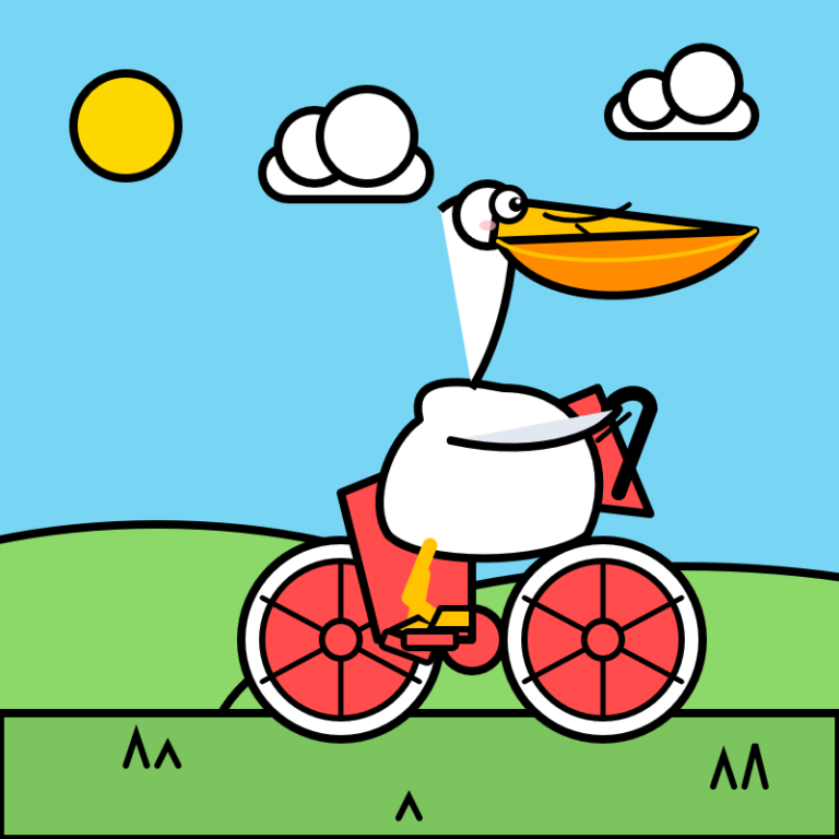 Cartoon illustration of a white pelican (albeit slightly mangled) with a large orange beak riding a red bicycle across green hills. The scene has a blue sky with a yellow sun and three white clouds, and small grass tufts dot the foreground.